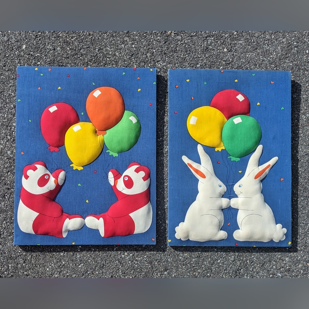 Vintage Colorful 70s 80s Quilted Wall Hangings Panda & Bunny Retro Kids Decor